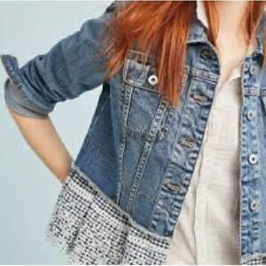 NWOT Pilcro Anthropologie Embroidered Eyelet Gingham Denim Jean Jacket Sz XS